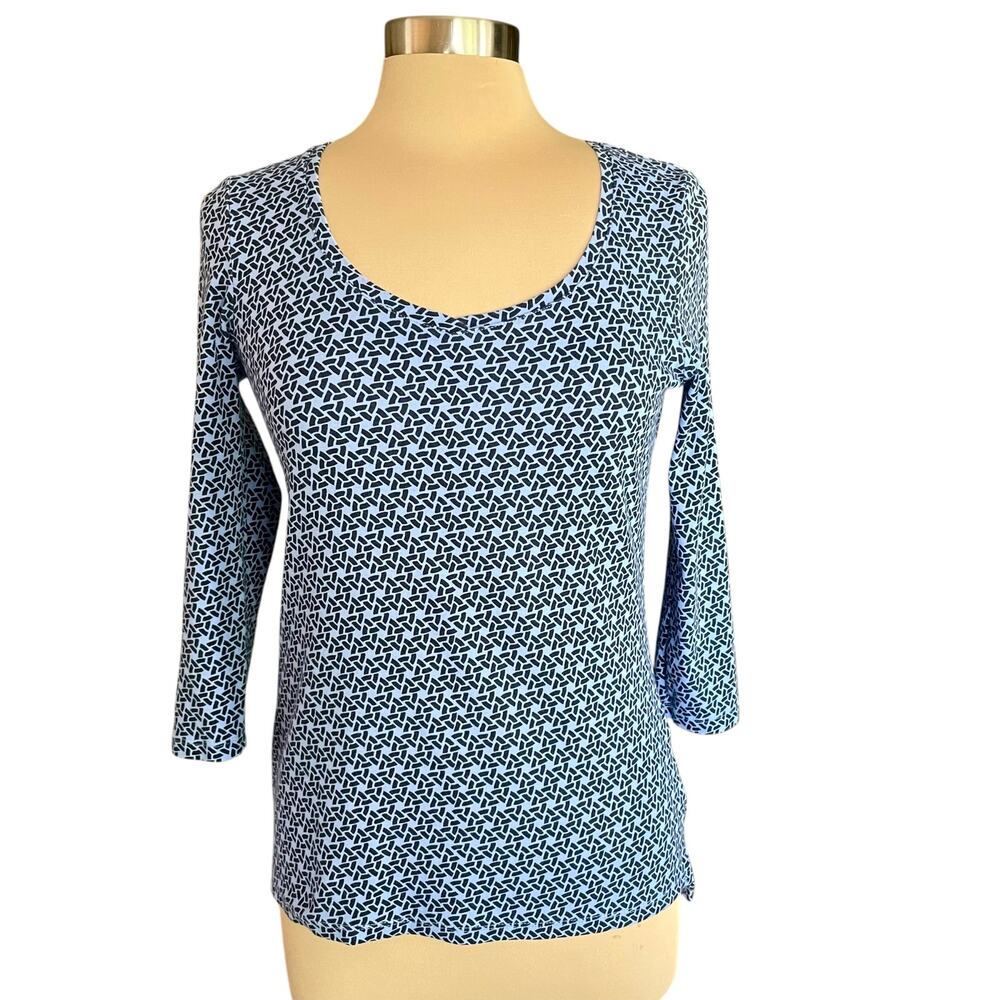 Talbots Stretch Weekend Tee Blue Geometric Print MED‎ Cotton Casual Work Travel